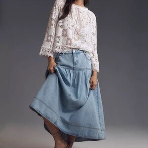 Pilcro Anthropologie Light Wash Pleated Basque Waist Denim Midi Skirt